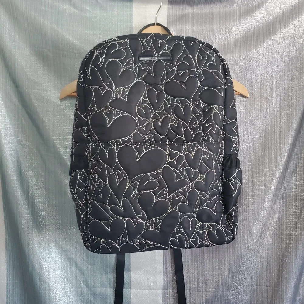 Luv Betsey Johnson Black Quilted Heart Backpack Rainbow Stitching and bag 2p set